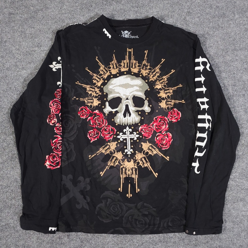 Rebel Spirit Mens Graphic Shirt Embroidered Men's XL Skull Roses Long Sleeve